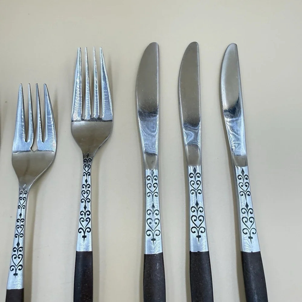 Lot of 7 Interpur Stainless Steel Brown Handle Dinner  Flatware Japan Replace